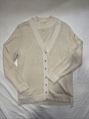 Quacker Factory Cream Shimmer Knit Cardigan & Mock Neck Tank Set - Size M